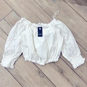 Brand new with tags!  GUESS women’s white eyelet off the shoulder crop top.